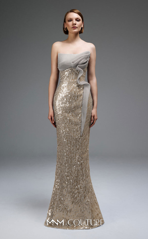 MNM Couture E0105 sequined mermaid gown with metallic crochet ruffle, strapless design, and a subtle train.|Couture Shop LA
