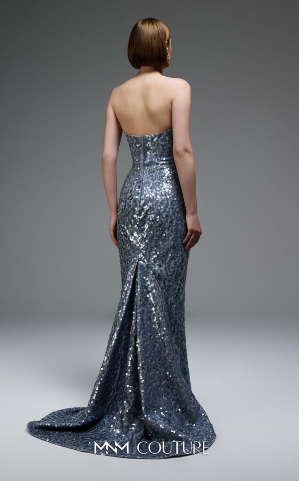 MNM Couture E0105 sequined mermaid gown with metallic crochet ruffle, strapless design, and a subtle train.|Couture Shop LA