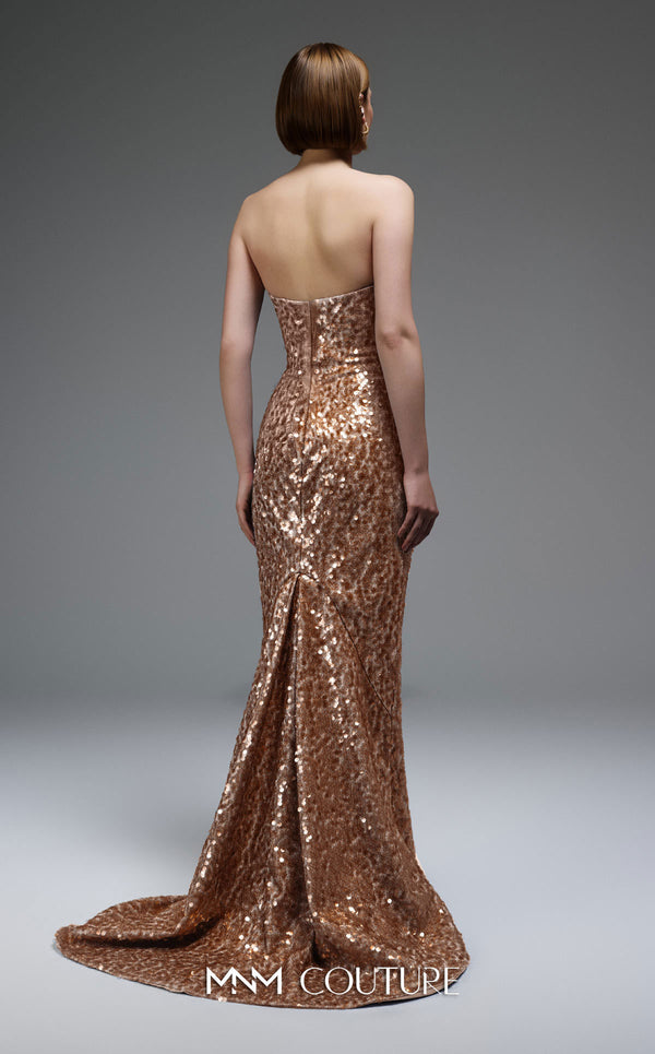 MNM Couture E0105 sequined mermaid gown with metallic crochet ruffle, strapless design, and a subtle train.|Couture Shop LA