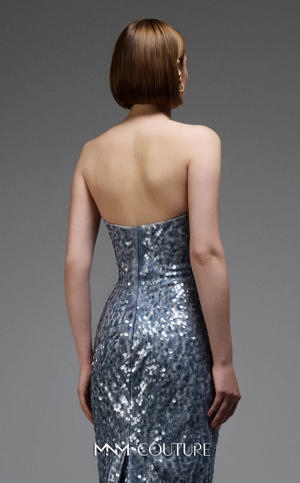 MNM Couture E0105 sequined mermaid gown with metallic crochet ruffle, strapless design, and a subtle train.|Couture Shop LA