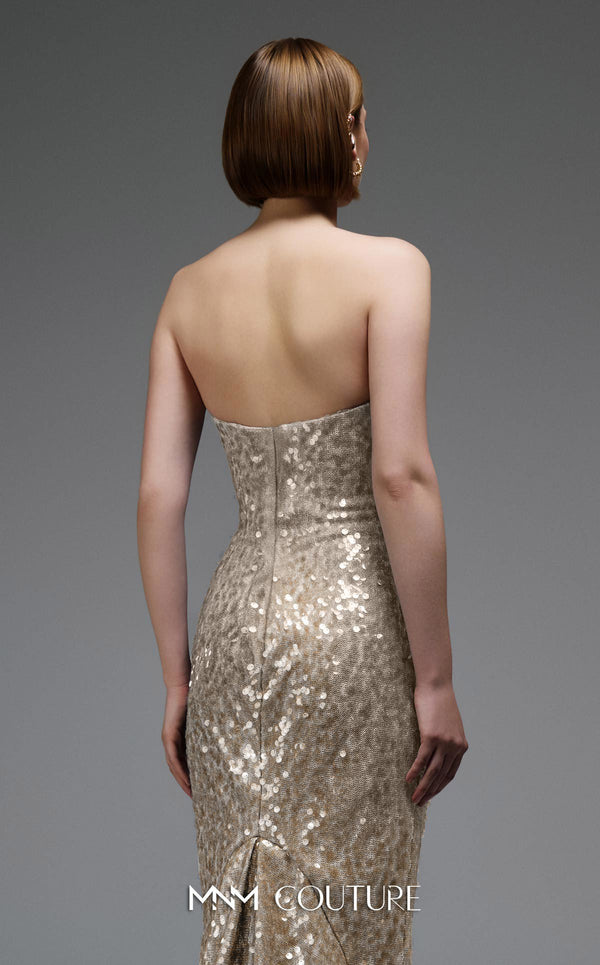 MNM Couture E0105 sequined mermaid gown with metallic crochet ruffle, strapless design, and a subtle train.|Couture Shop LA