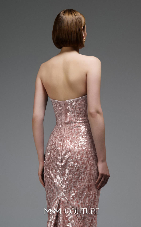 MNM Couture E0105 sequined mermaid gown with metallic crochet ruffle, strapless design, and a subtle train.|Couture Shop LA