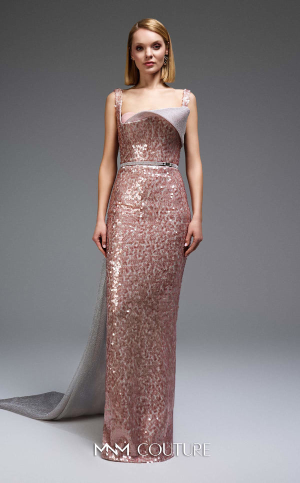 MNM Couture E0108 sequin-embellished fitted column gown with strap sleeves, asymmetric sweetheart neckline, and a flowing cape with a train. | Couture Shop LA