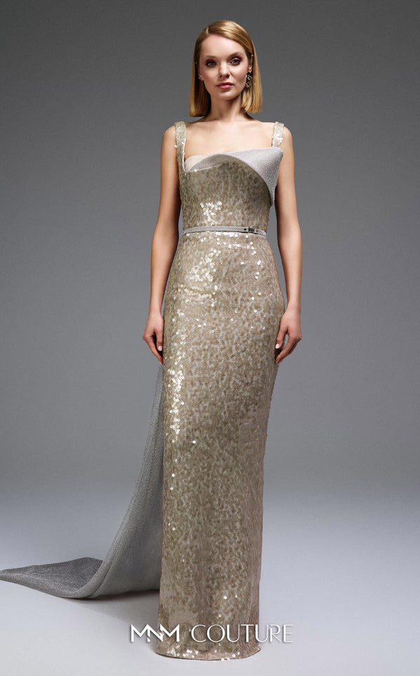 MNM Couture E0108 sequin-embellished fitted column gown with strap sleeves, asymmetric sweetheart neckline, and a flowing cape with a train. | Couture Shop LA