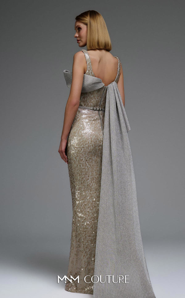 MNM Couture E0108 sequin-embellished fitted column gown with strap sleeves, asymmetric sweetheart neckline, and a flowing cape with a train. | Couture Shop LA