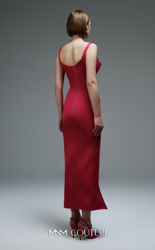MNM Couture E0109 fitted taffeta column gown with asymmetric sweetheart neckline, strap sleeves, side slit, and pleated detail | Couture Shop LA.