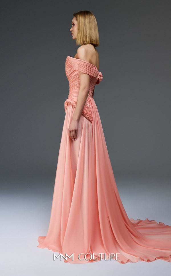 MNM Couture Style E0113 showcasing a flared gown with an asymmetric sweetheart neckline, off-shoulder cap sleeves, a sequined bodice, and a full organza skirt with a train. | Couture Shop LA