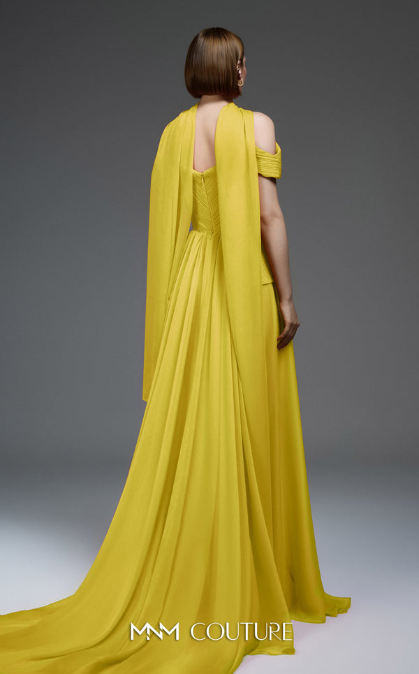 MNM Couture E0119 organza A-line gown with off-the-shoulder straps, peplum waist, and a delicate scarf.|Couture Shop LA