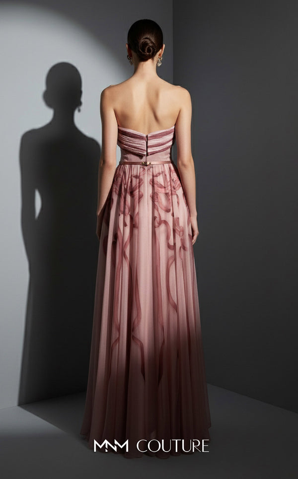 MNM Couture Style E0129 Delicate pink and olive printed silk strapless A-line gown with pleated bust and thin belt | Couture Shop LA.