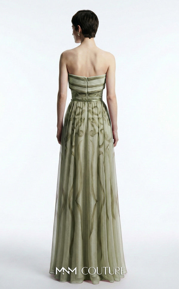 MNM Couture Style E0129 Delicate pink and olive printed silk strapless A-line gown with pleated bust and thin belt | Couture Shop LA.