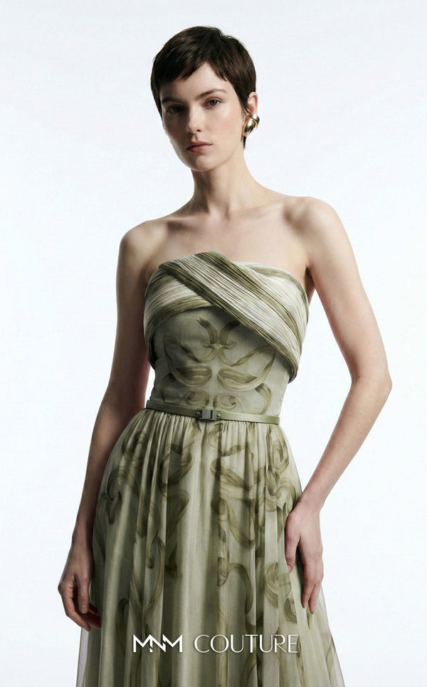 MNM Couture Style E0129 Delicate pink and olive printed silk strapless A-line gown with pleated bust and thin belt | Couture Shop LA.