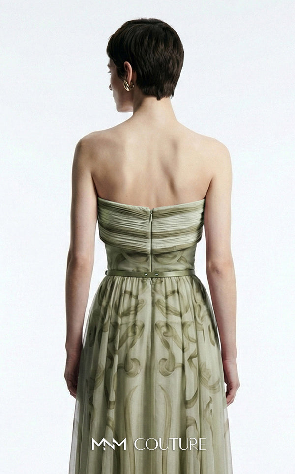 MNM Couture Style E0129 Delicate pink and olive printed silk strapless A-line gown with pleated bust and thin belt | Couture Shop LA.