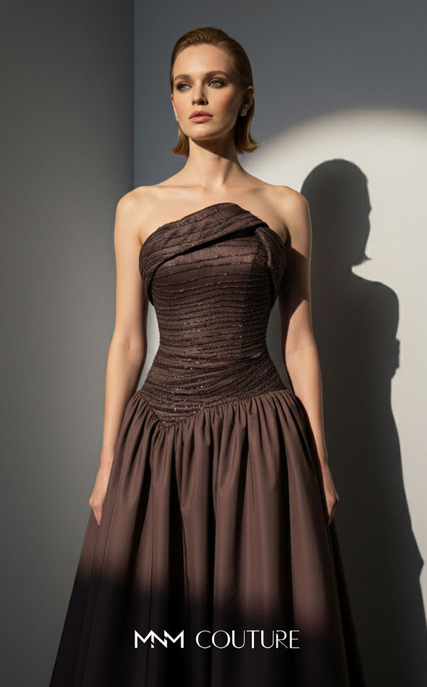 MNM Couture E0132 chocolate brown taffeta strapless ball gown with asymmetric pointed fold neckline, tonal beaded bodice bands, full floor-length skirt, and detachable opera-length stole | Couture Shop LA.