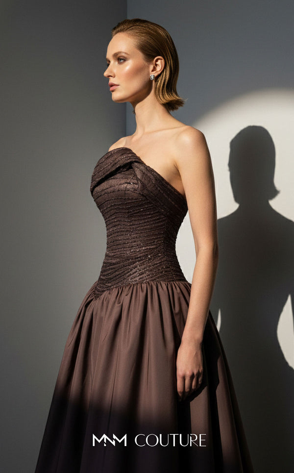 MNM Couture E0132 chocolate brown taffeta strapless ball gown with asymmetric pointed fold neckline, tonal beaded bodice bands, full floor-length skirt, and detachable opera-length stole | Couture Shop LA.