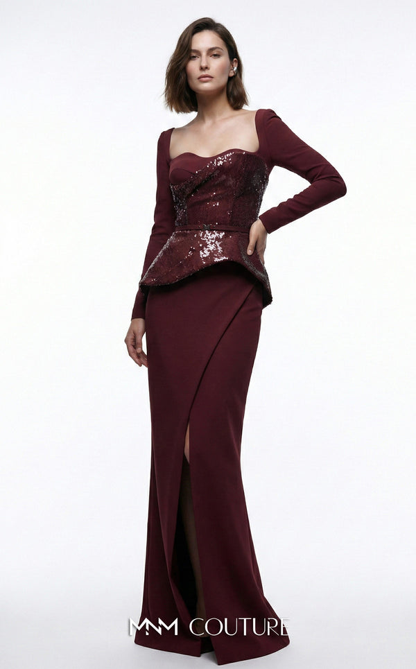 MNM Couture E0141 sequin and crepe column gown with asymmetric sequin wrap overlay, peplum, open scoop back, thin belt, and high left slit | Couture Shop LA.