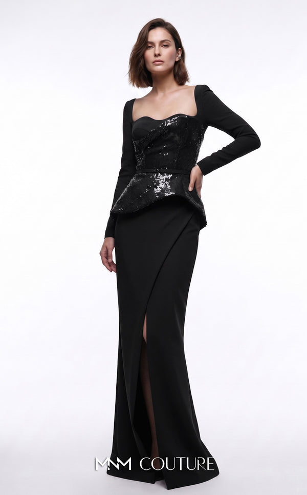 MNM Couture E0141 sequin and crepe column gown with asymmetric sequin wrap overlay, peplum, open scoop back, thin belt, and high left slit | Couture Shop LA.