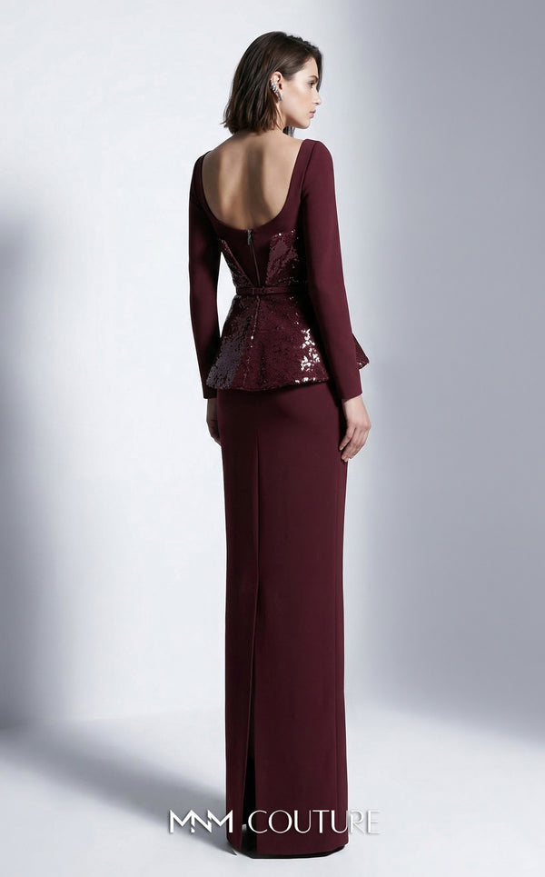 MNM Couture E0141 sequin and crepe column gown with asymmetric sequin wrap overlay, peplum, open scoop back, thin belt, and high left slit | Couture Shop LA.