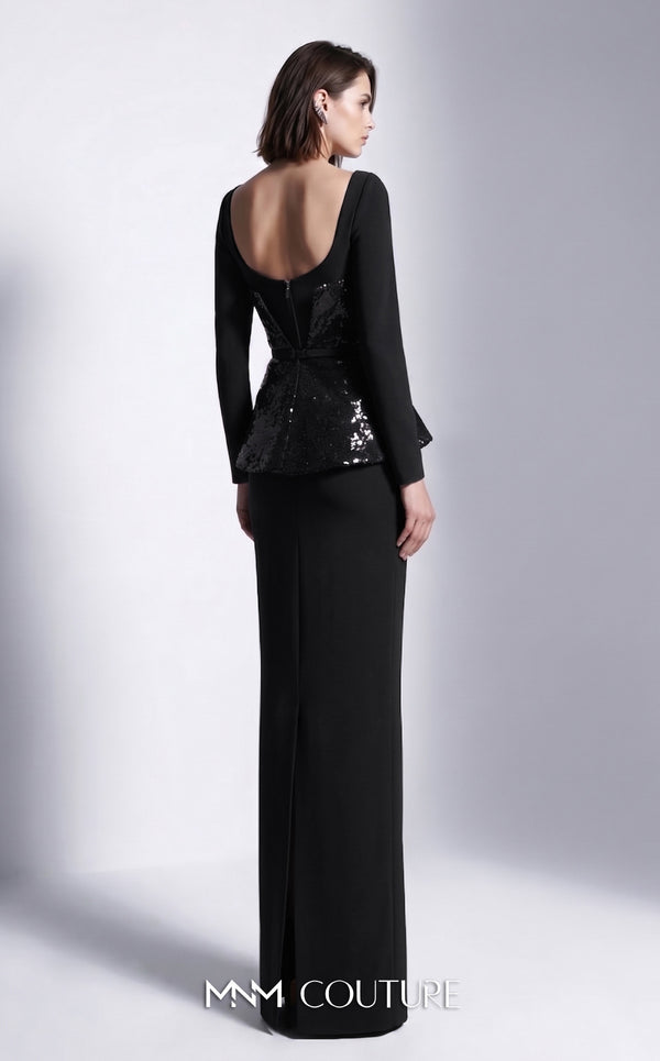 MNM Couture E0141 sequin and crepe column gown with asymmetric sequin wrap overlay, peplum, open scoop back, thin belt, and high left slit | Couture Shop LA.