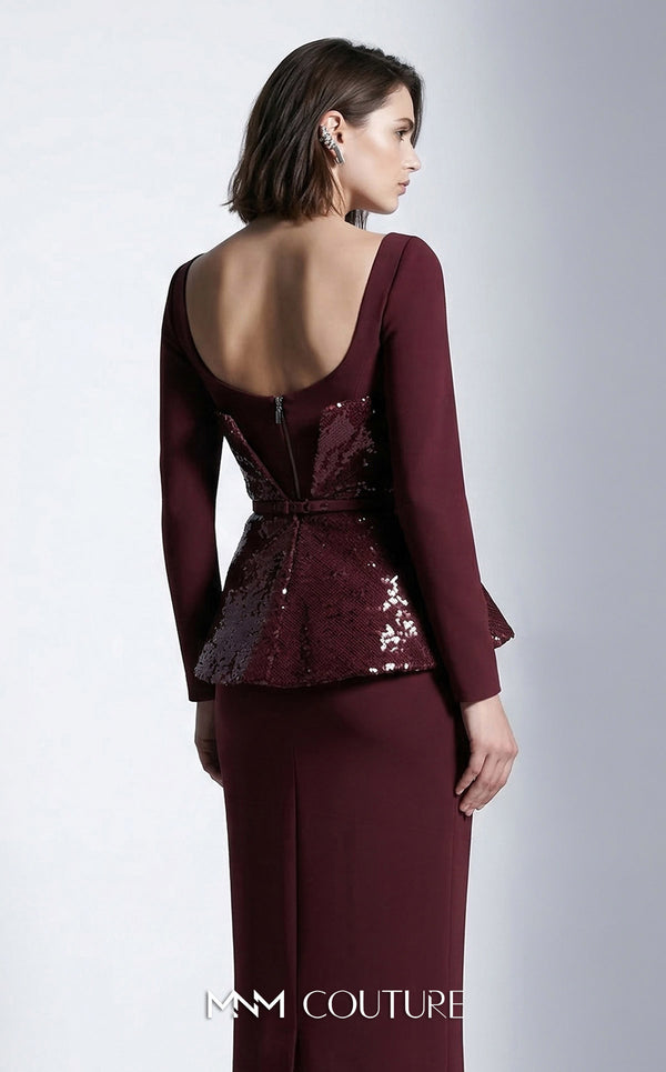 MNM Couture E0141 sequin and crepe column gown with asymmetric sequin wrap overlay, peplum, open scoop back, thin belt, and high left slit | Couture Shop LA.