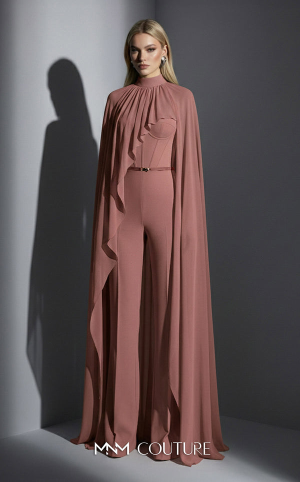 MNM Couture Style E0143 Fitted long chiffon evening outfit with pants, close high neck, and dramatic cape sleeves | Couture Shop LA.