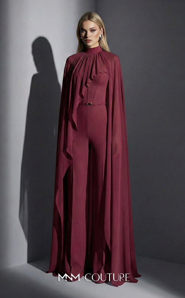 MNM Couture Style E0143 Fitted long chiffon evening outfit with pants, close high neck, and dramatic cape sleeves | Couture Shop LA.