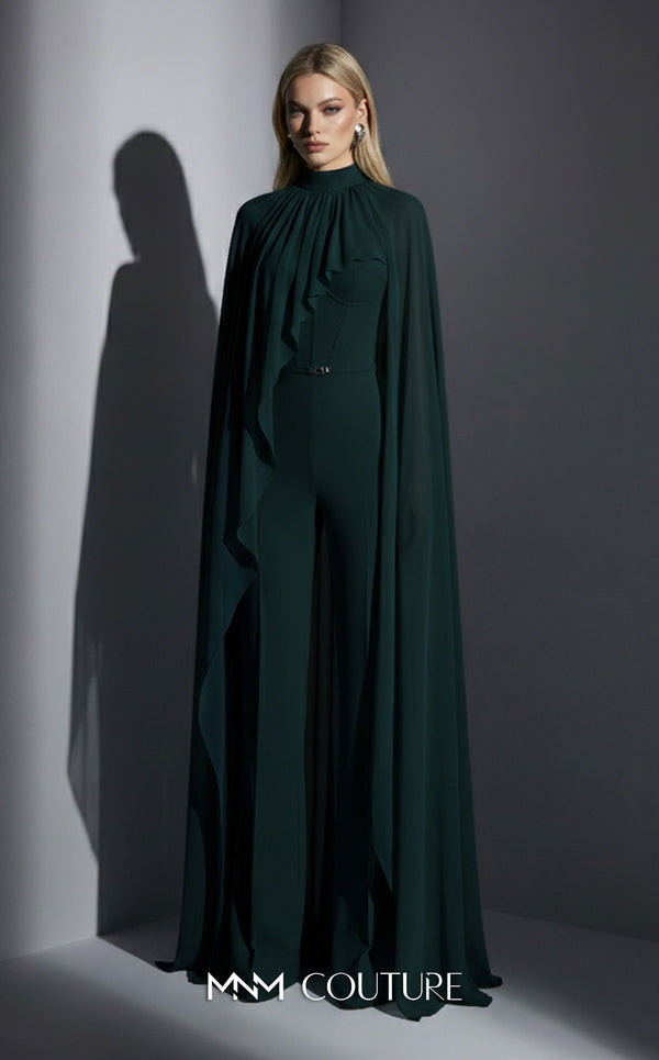MNM Couture Style E0143 Fitted long chiffon evening outfit with pants, close high neck, and dramatic cape sleeves | Couture Shop LA.