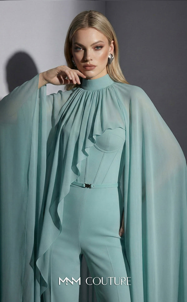 MNM Couture Style E0143 Fitted long chiffon evening outfit with pants, close high neck, and dramatic cape sleeves | Couture Shop LA.