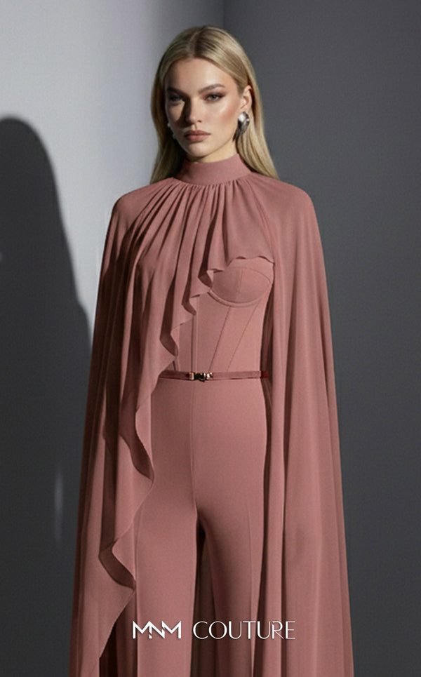 MNM Couture Style E0143 Fitted long chiffon evening outfit with pants, close high neck, and dramatic cape sleeves | Couture Shop LA.
