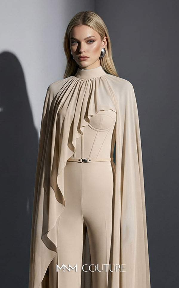 MNM Couture Style E0143 Fitted long chiffon evening outfit with pants, close high neck, and dramatic cape sleeves | Couture Shop LA.