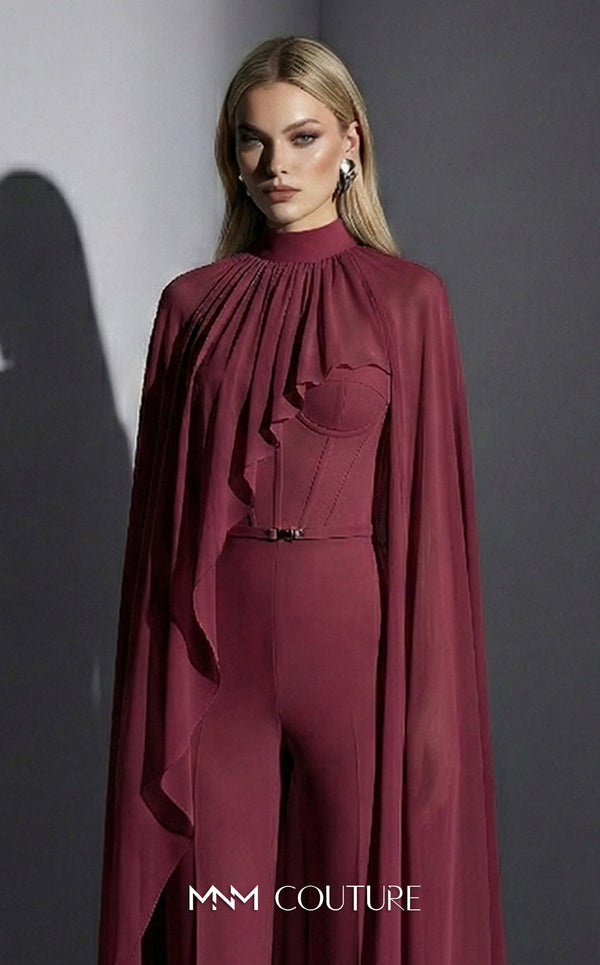 MNM Couture Style E0143 Fitted long chiffon evening outfit with pants, close high neck, and dramatic cape sleeves | Couture Shop LA.