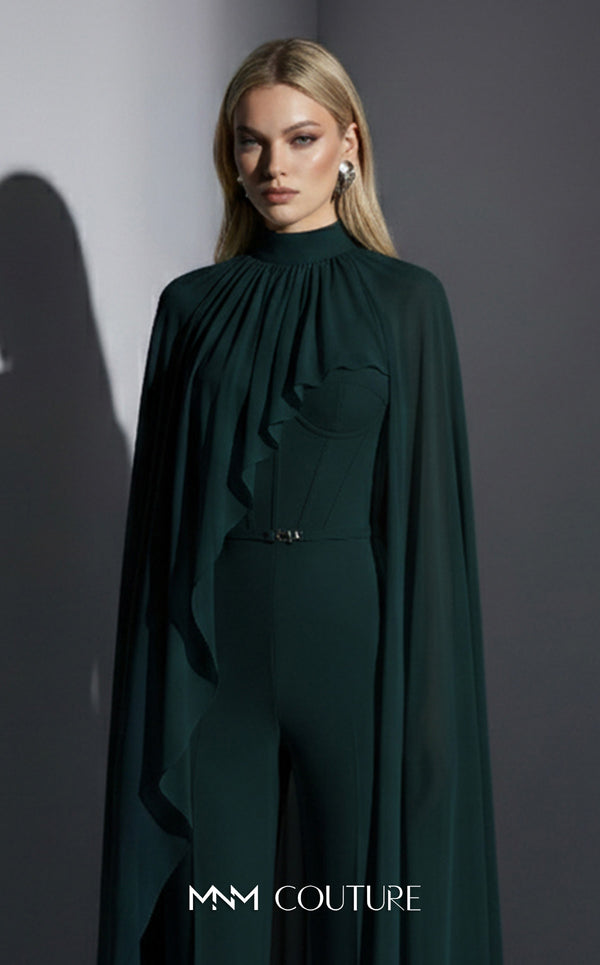 MNM Couture Style E0143 Fitted long chiffon evening outfit with pants, close high neck, and dramatic cape sleeves | Couture Shop LA.