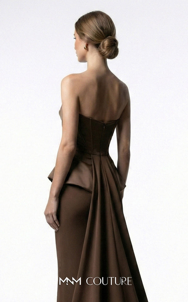 MNM Couture E0146 strapless draped satin mermaid gown with arched neckline, darted bust, illusion peplum, crisscross waist, and dramatic back train | Couture Shop LA.