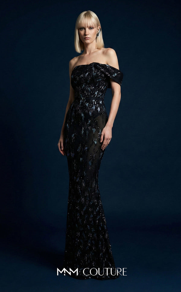 MNM Couture Style E0148 Elegant long fitted mermaid gown featuring off-the-shoulder cap sleeves and straight neckline | Couture Shop LA.