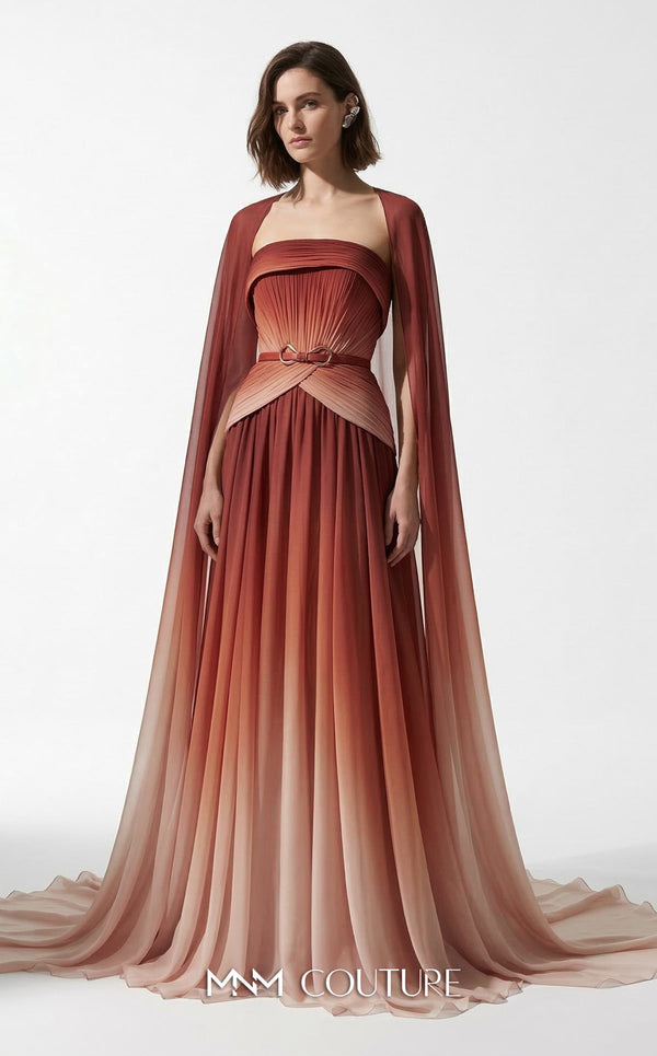 MNM Couture E0153 Long ethereal chiffon A-line dress with strapless empire bodice and dramatic cape sleeves | Couture Shop LA.
