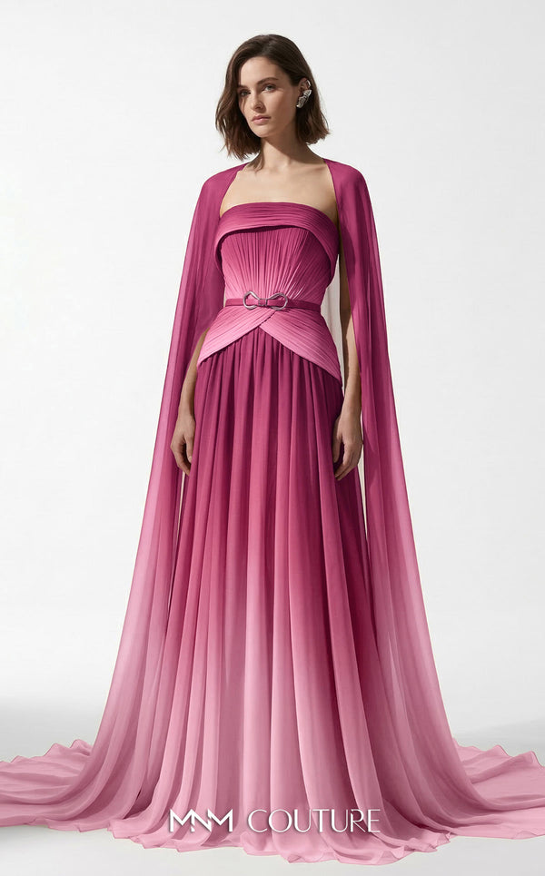 MNM Couture E0153 Long ethereal chiffon A-line dress with strapless empire bodice and dramatic cape sleeves | Couture Shop LA.
