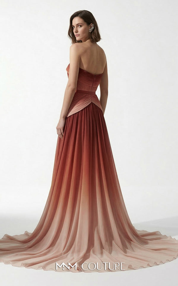 MNM Couture E0153 Long ethereal chiffon A-line dress with strapless empire bodice and dramatic cape sleeves | Couture Shop LA.