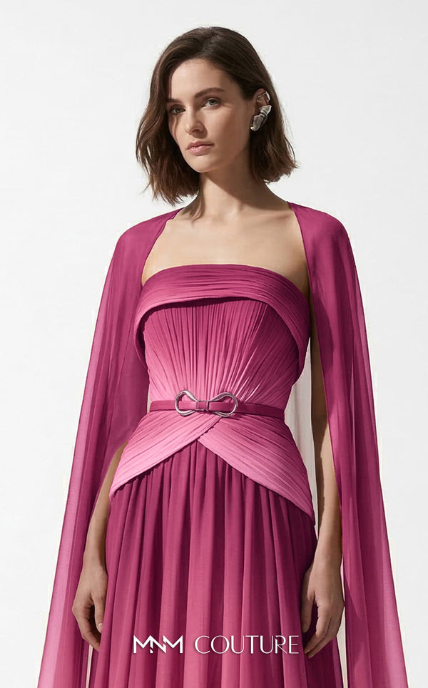 MNM Couture E0153 Long ethereal chiffon A-line dress with strapless empire bodice and dramatic cape sleeves | Couture Shop LA.