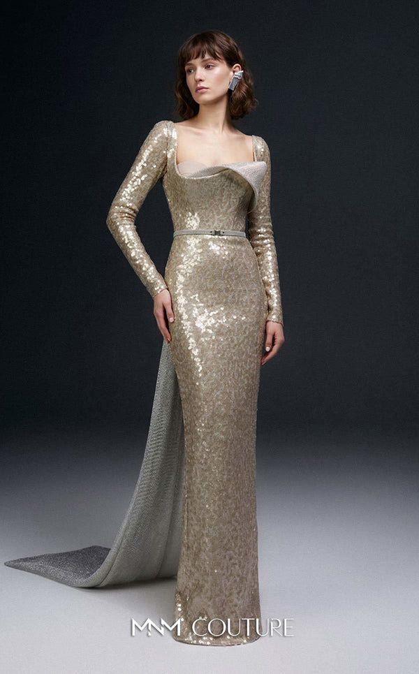 MNM Couture Style E0157 Glamorous long straight-fitted sequin gown with long sleeves and an asymmetrical design | Couture Shop LA.