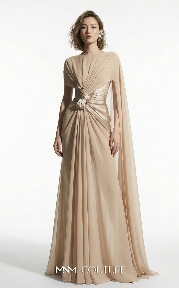 MNM Couture E0160 satin and chiffon draped column gown with asymmetric dual sleeves, satin knot waist, cape sleeve, and back fan-pleat detail | Couture Shop LA.
