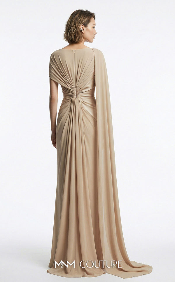 MNM Couture E0160 satin and chiffon draped column gown with asymmetric dual sleeves, satin knot waist, cape sleeve, and back fan-pleat detail | Couture Shop LA.