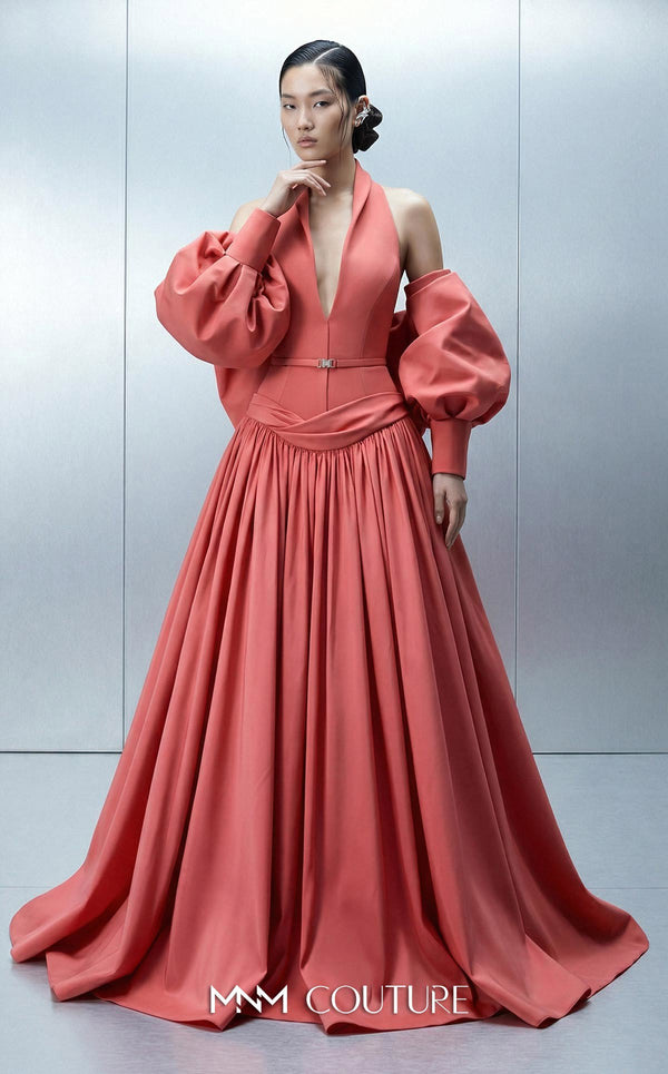 Long crepe and taffeta empire ball gown with deep V-neck halter and removable cape for MNM Couture Style E0163 | Couture Shop LA.