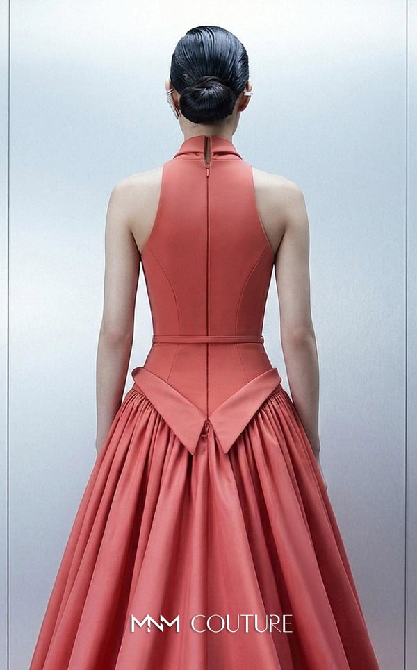 Long crepe and taffeta empire ball gown with deep V-neck halter and removable cape for MNM Couture Style E0163 | Couture Shop LA.