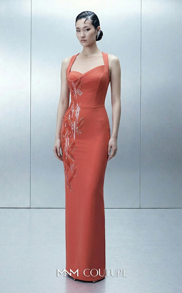 Long straight fitted crepe evening gown with an asymmetrical design and removable cape showcasing MNM Couture Style E0164 | Couture Shop LA.