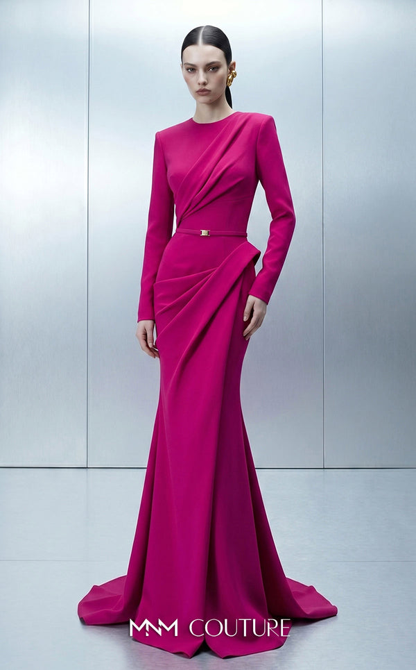 MNM Couture E0173 draped crepe mermaid gown with round bateau neckline, structured shoulders, peplum illusion pleating, belted waist, and back train | Couture Shop LA.