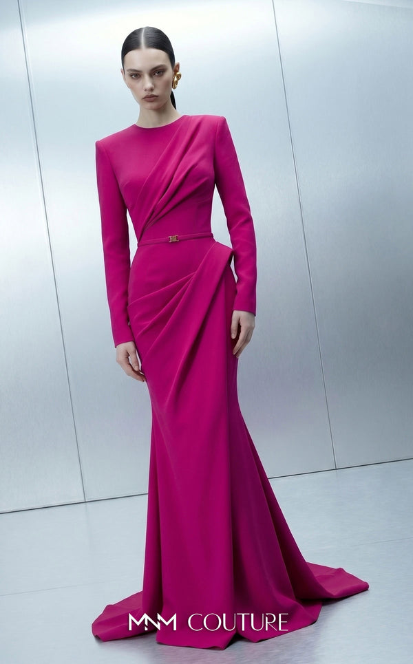 MNM Couture E0173 draped crepe mermaid gown with round bateau neckline, structured shoulders, peplum illusion pleating, belted waist, and back train | Couture Shop LA.