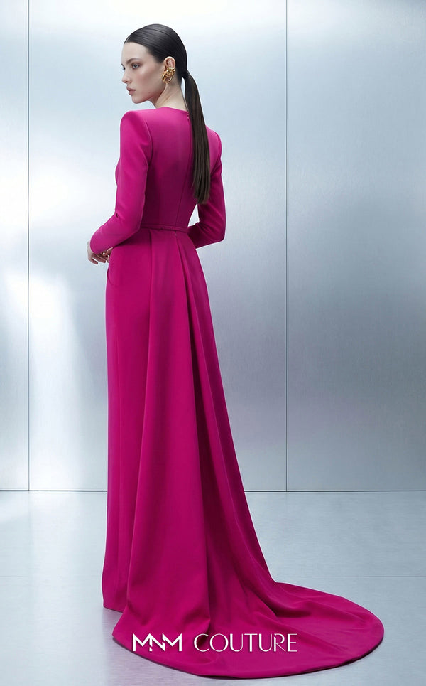 MNM Couture E0173 draped crepe mermaid gown with round bateau neckline, structured shoulders, peplum illusion pleating, belted waist, and back train | Couture Shop LA.
