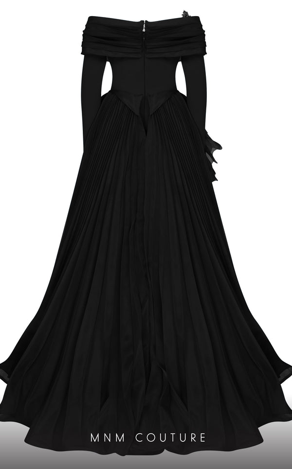 MNM Couture F02800: Off-shoulder crepe & organza gown, long sleeves, tassels, draped bust, Roman skirt, plisse tail. | Couture Shop LA