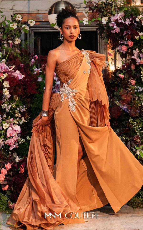 MNM Couture F02801: Asymmetrical neck, ruffled shoulder, crepe & organza, draped bust, Roman skirt for event & wedding | Couture Shop LA