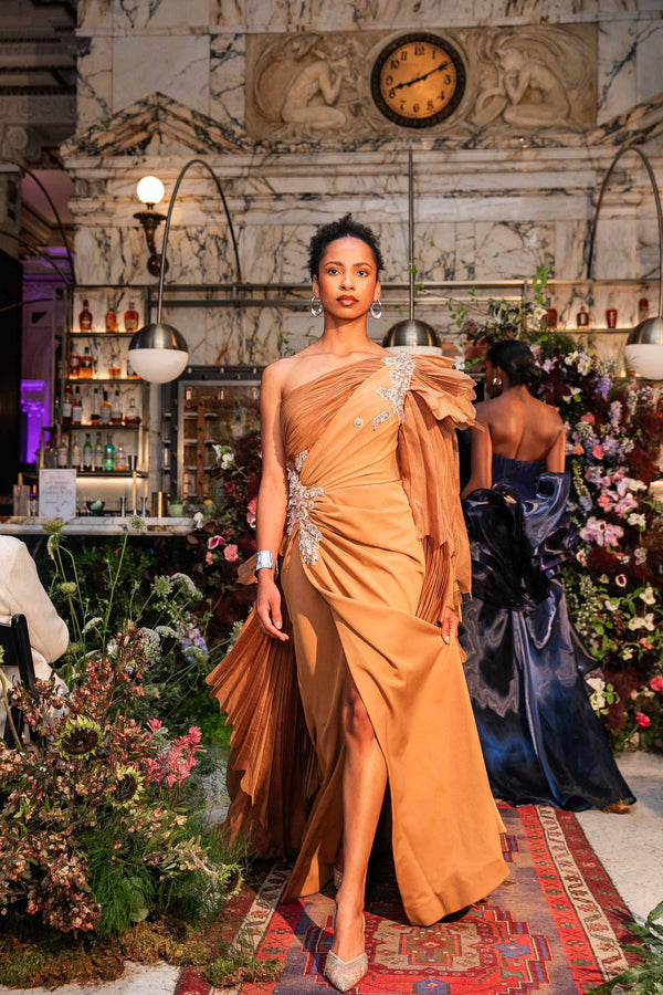 MNM Couture F02801: Asymmetrical neck, ruffled shoulder, crepe & organza, draped bust, Roman skirt for event & wedding | Couture Shop LA
