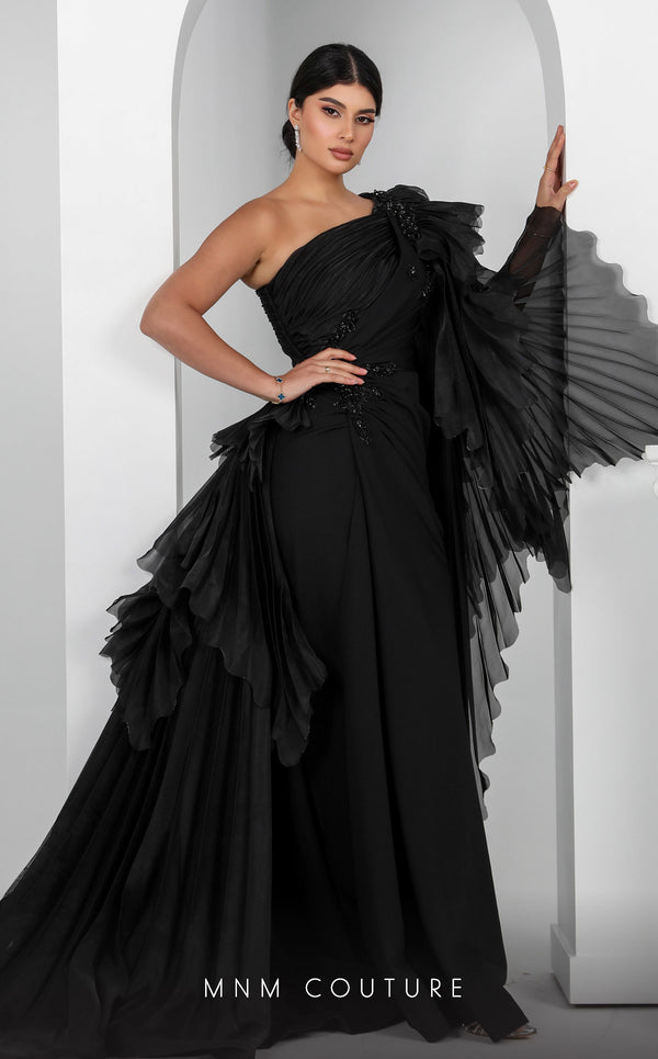 MNM Couture F02801: Asymmetrical neck, ruffled shoulder, crepe & organza, draped bust, Roman skirt for event & wedding | Couture Shop LA